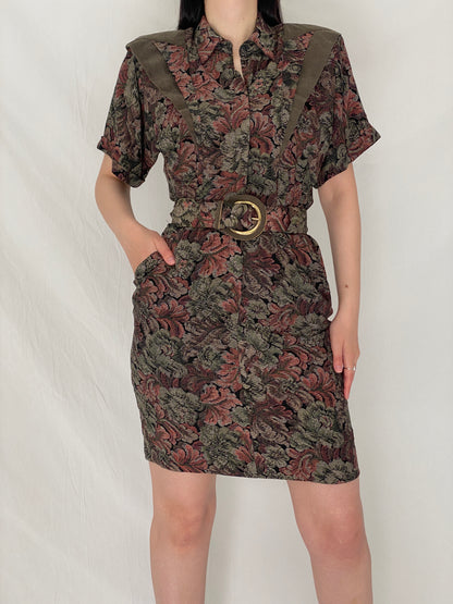 Vintage 90s Positive Influence Floral Belted Earth Tone Tapestry Mini Dress - S