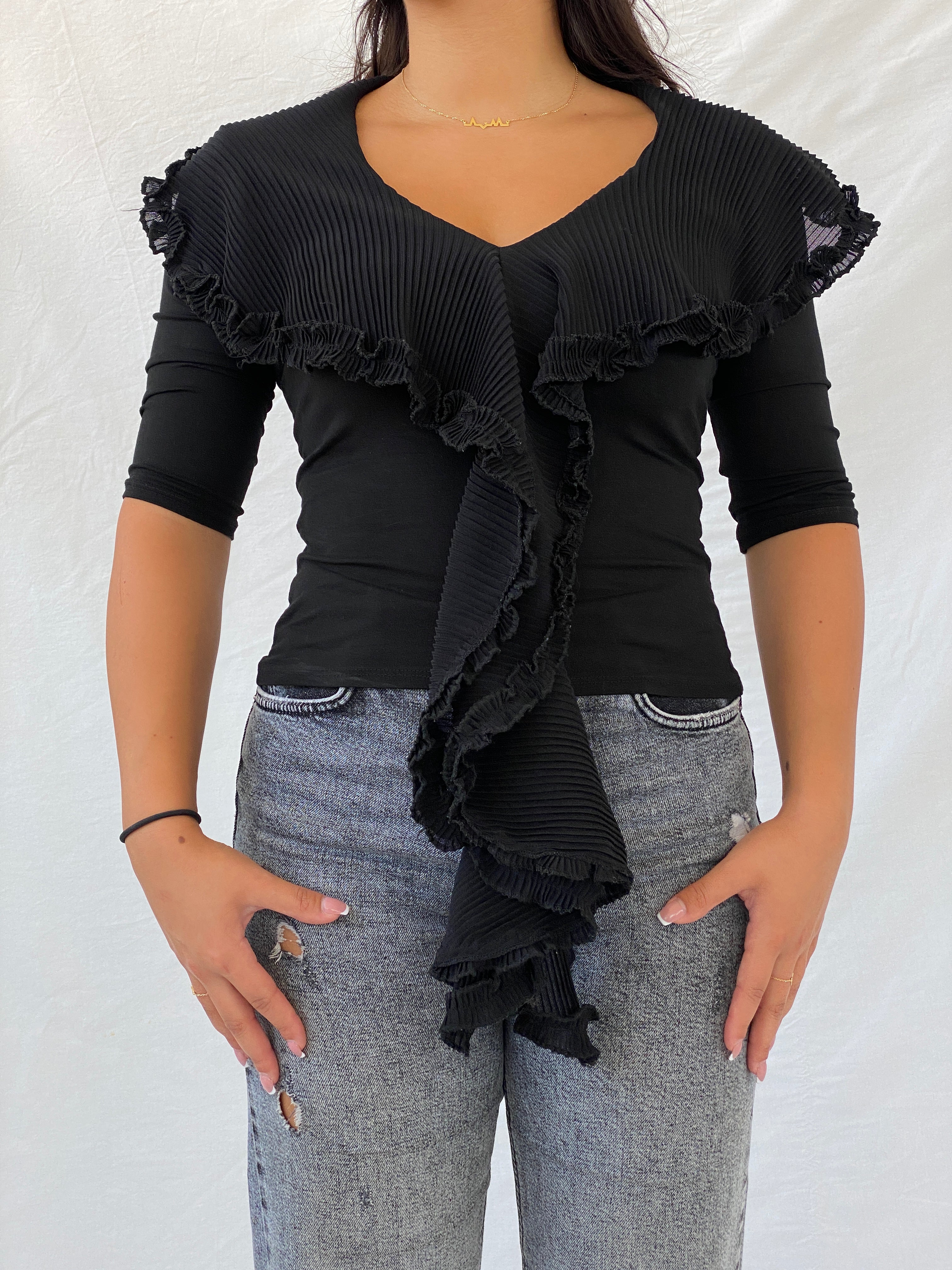 Statement Vintage White Bird Ruffled Collar Black Top - M