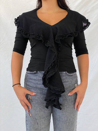 Statement Vintage White Bird Ruffled Collar Black Top - M