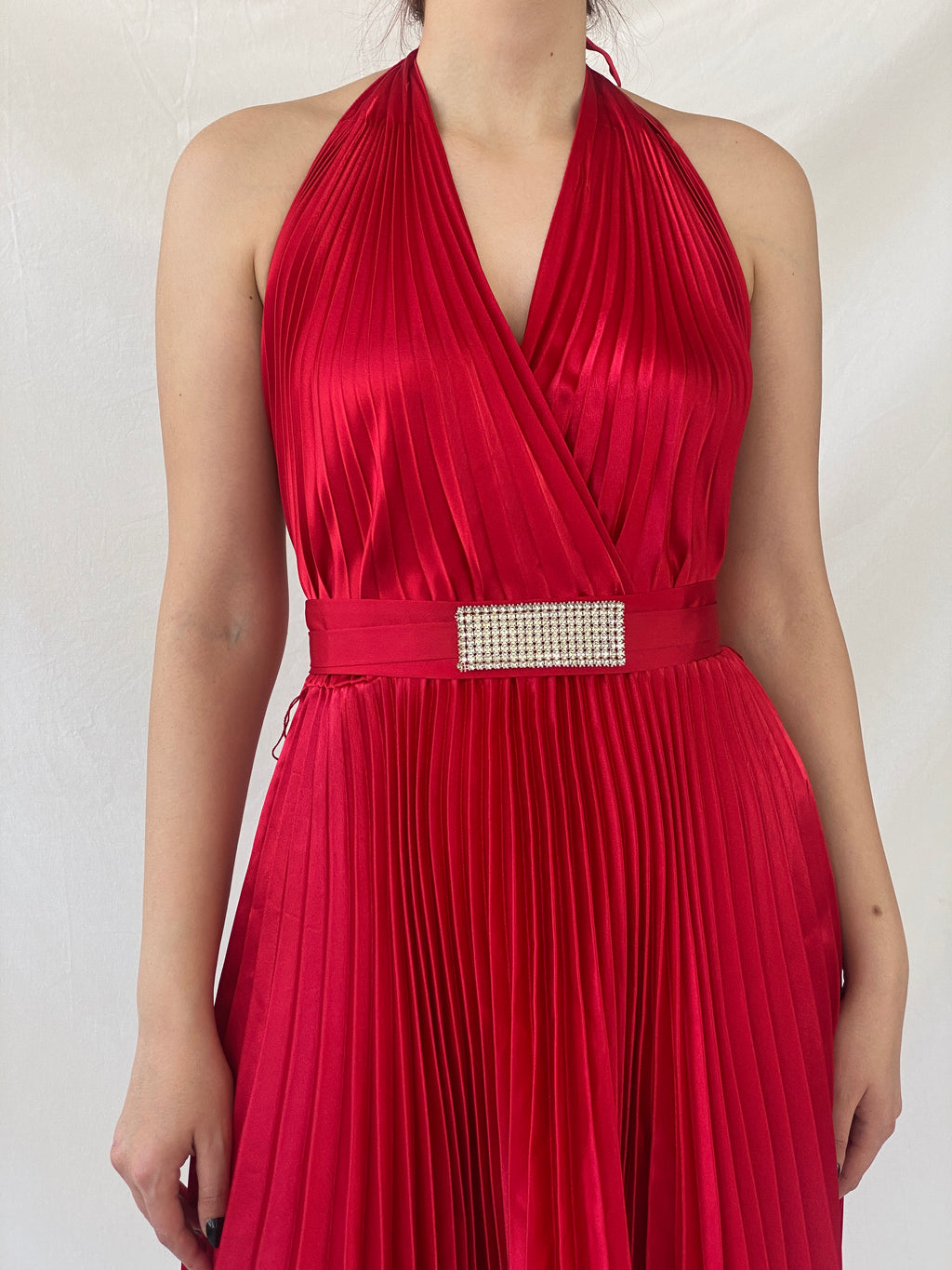 فستان جوزيف ريبكوف أحمر مطوي بياقة دائرية - مقاس صغير Y2K
