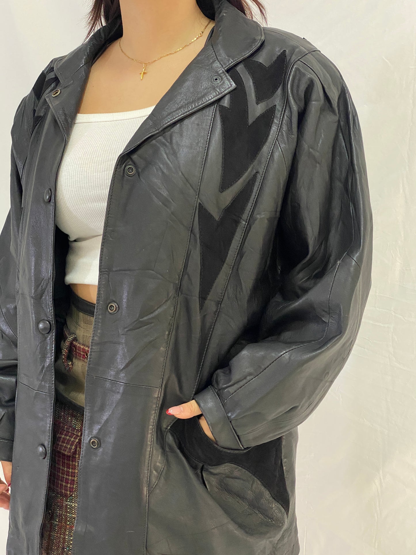 Vintage Oversized Fit Ferpele Black Leather Coat with Graphic Panel Details - M