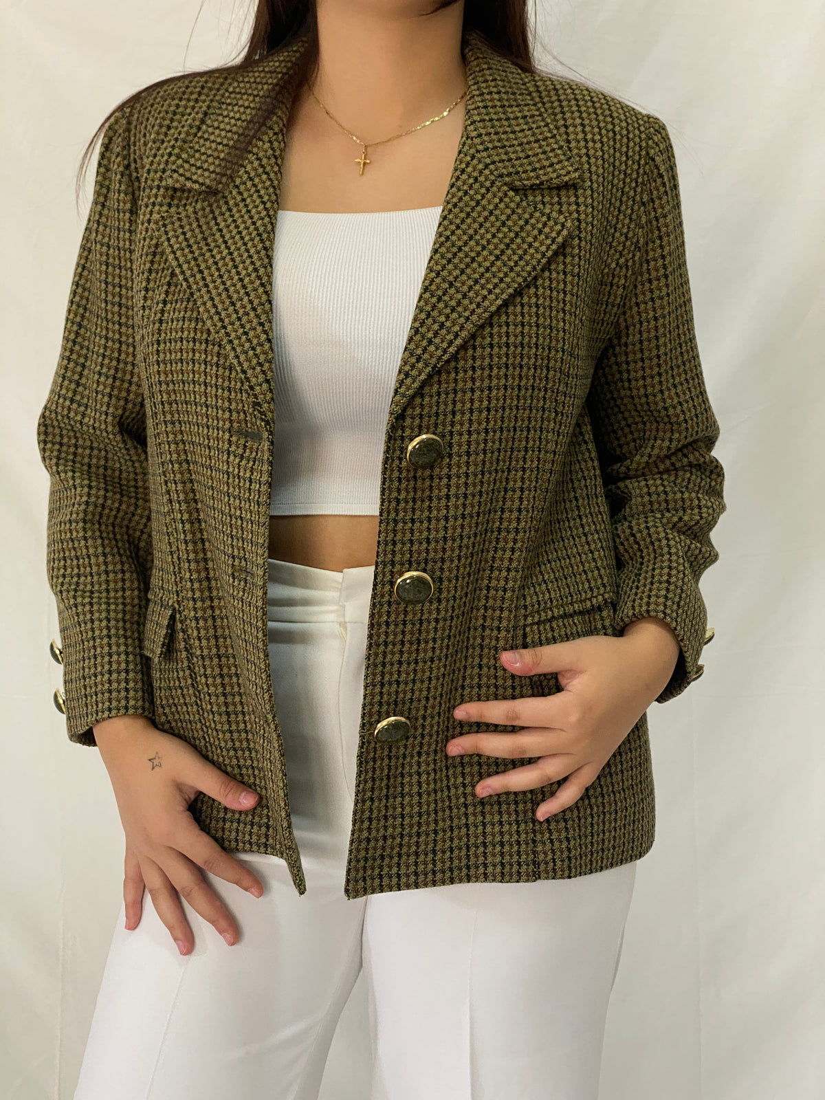 Vintage Alta Costura Olive Green Houndstooth Office Blazer - L Vintage Alta Costura Olive Green Houndstooth Office Blazer - L