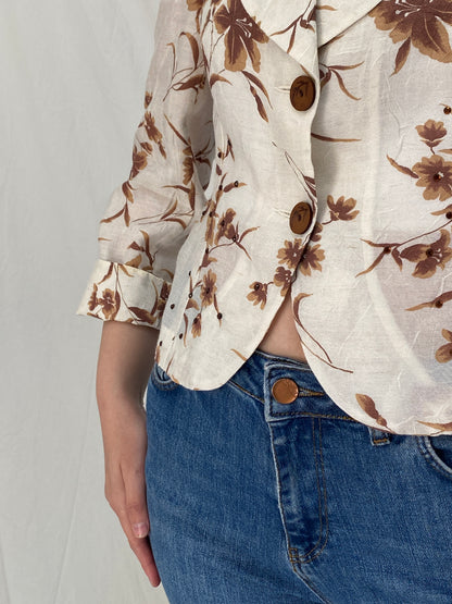 Vintage 90s Sinyor Cream Brown Floral Cropped Blazer - M