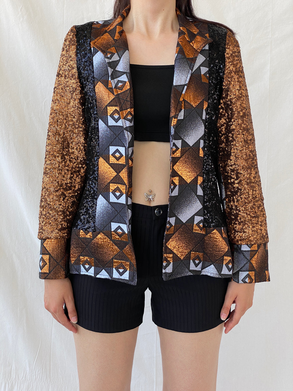 Vintage Geometric Sequin Blazer – Bronze, Black & Silver Statement Jacket - M