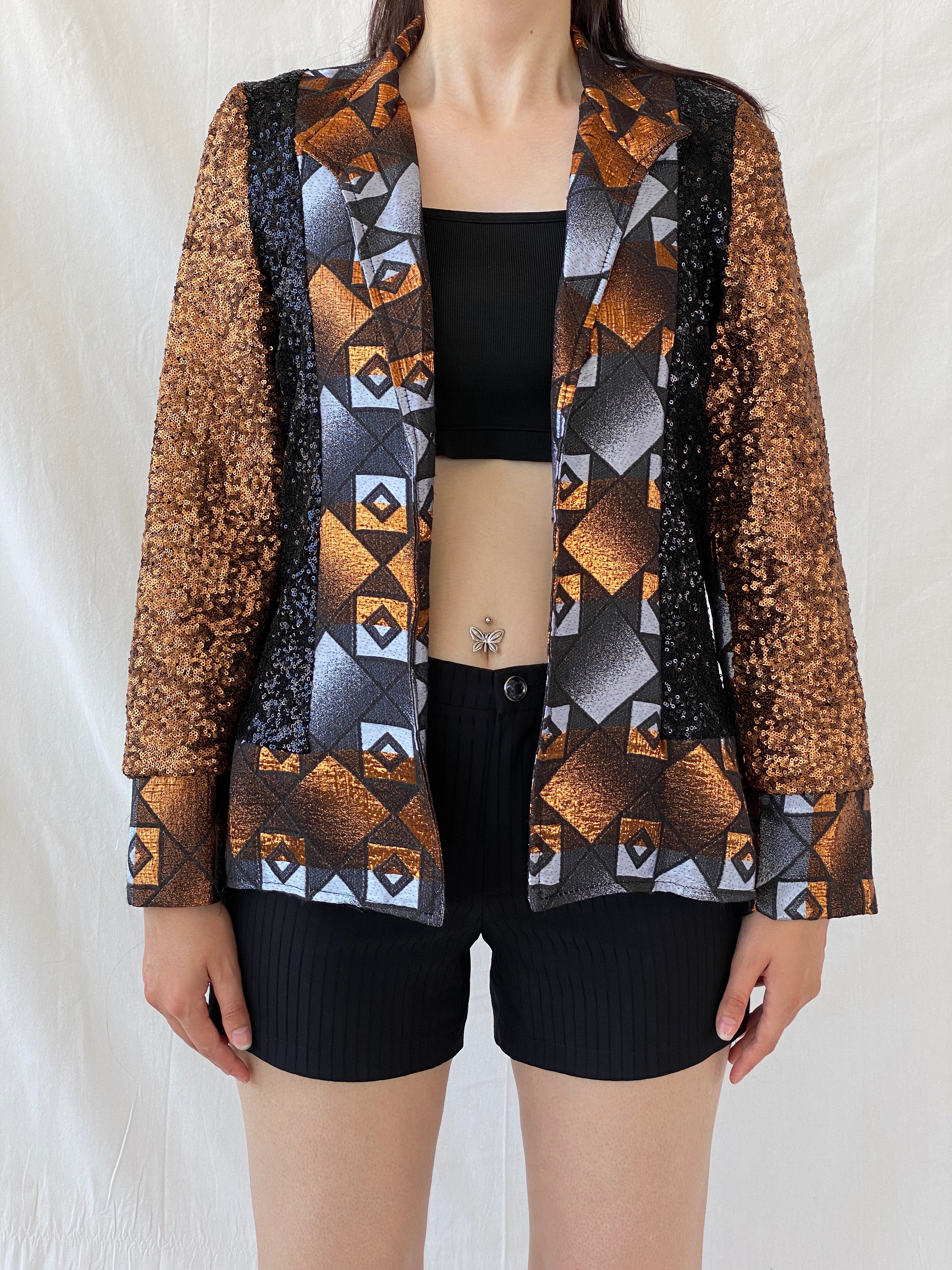 Vintage Geometric Sequin Blazer – Bronze, Black & Silver Statement Jacket - M