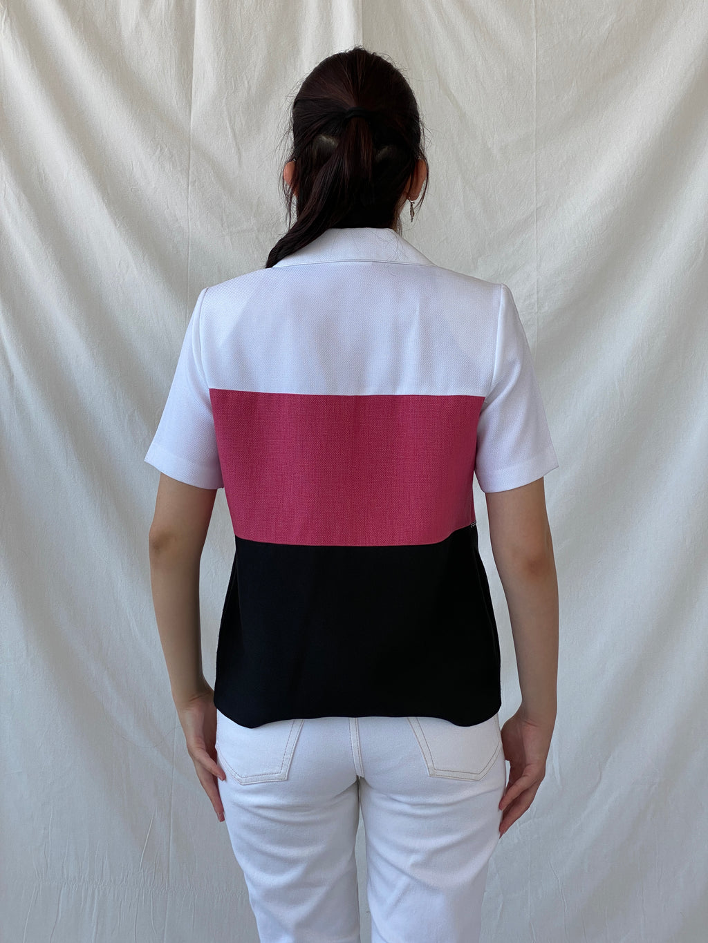 Vintage 90s Alfred Dunner White Pink Black Striped Women’s Padded Short Sleeve Heavy Shirt - M
