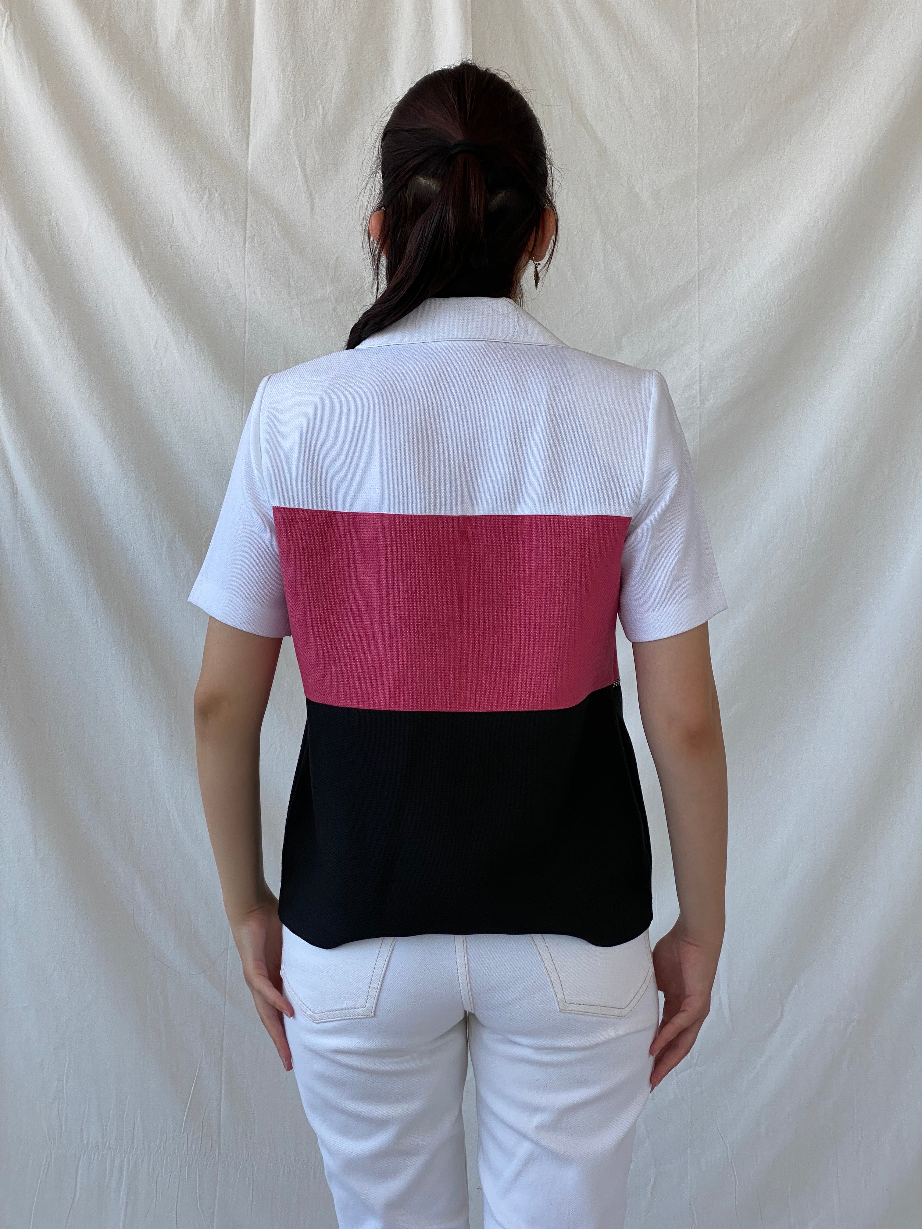 Vintage 90s Alfred Dunner White Pink Black Striped Women’s Padded Short Sleeve Heavy Shirt - M