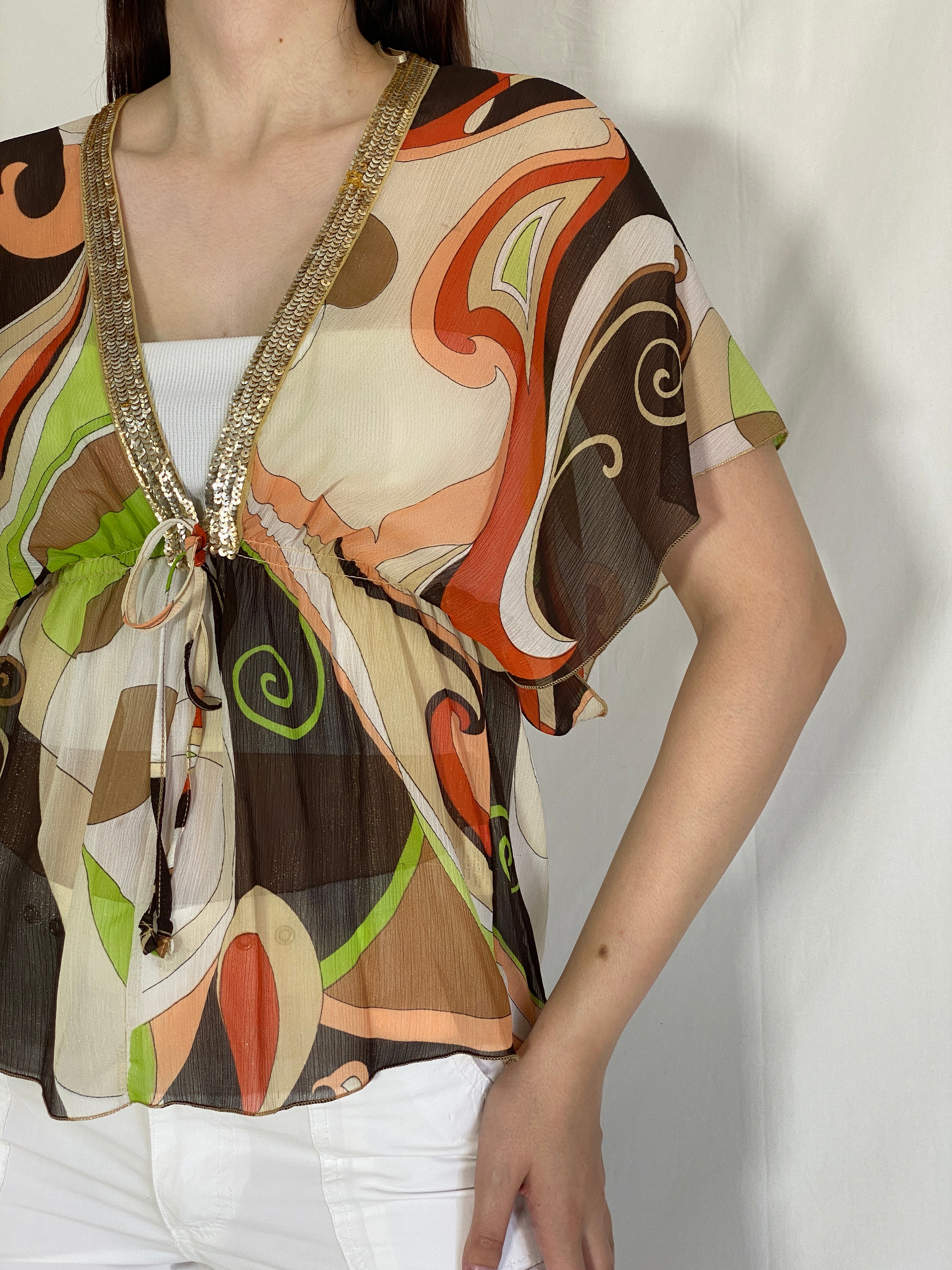 Y2K Quiz Groovy Sheer Boho Top Retro Print Glitter Trim Blouse - L