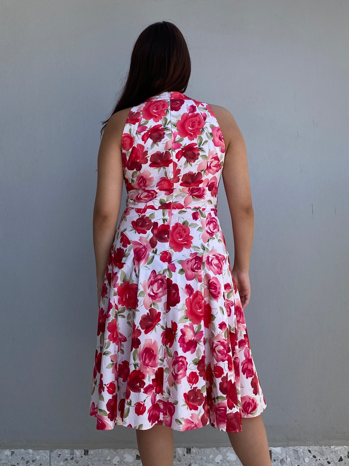 Vintage Talbots Petites White & Pink Cotton Rose Floral Halter Midi Dress – M Vintage Talbots Petites White & Pink Cotton Rose Floral Halter Midi Dress – M