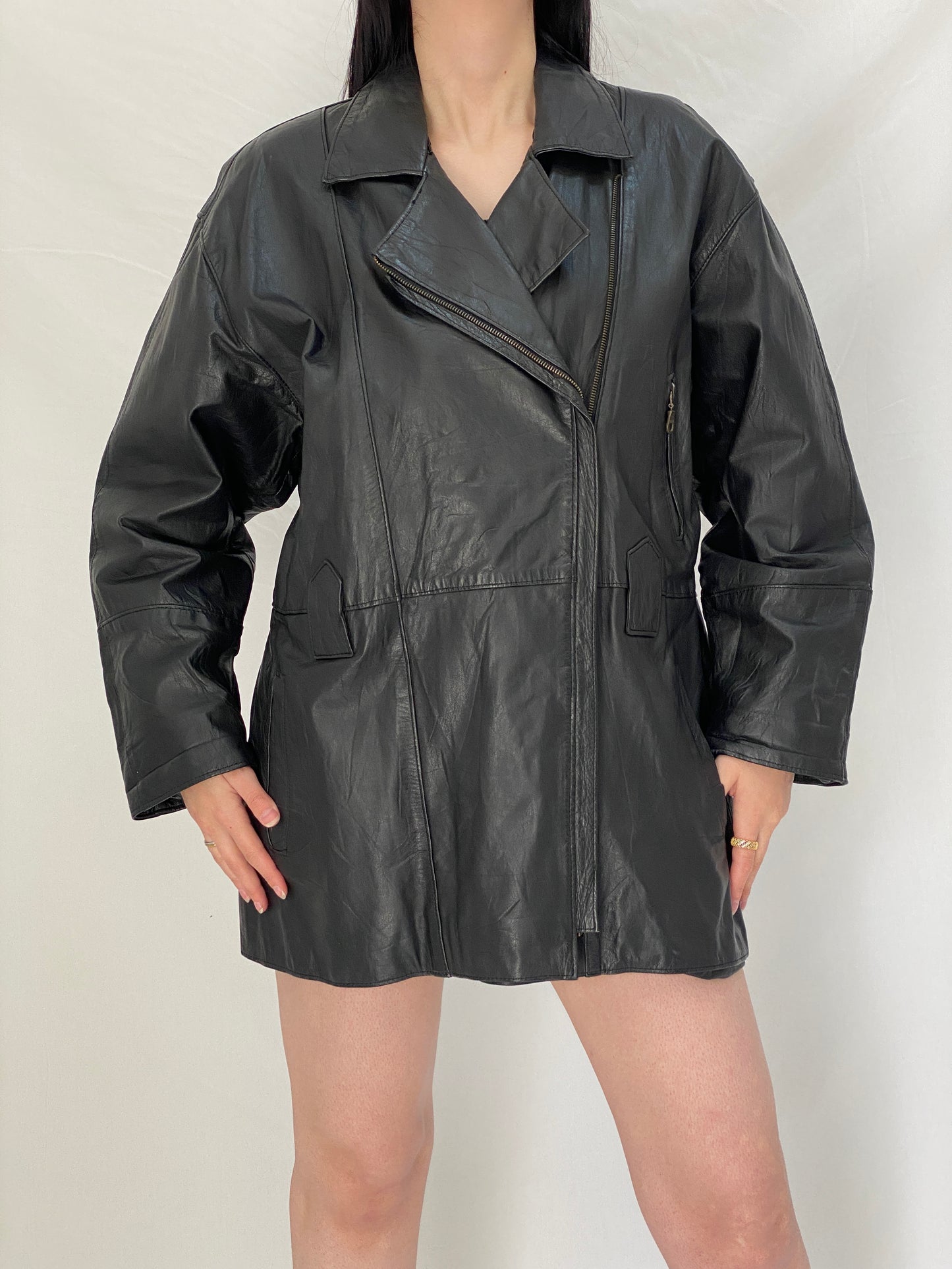 Vintage 90s Genuine Leather Moto Jacket Black Oversized Biker Coat - XL