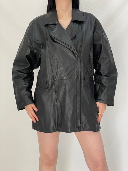 Vintage 90s Genuine Leather Moto Jacket Black Oversized Biker Coat - XL
