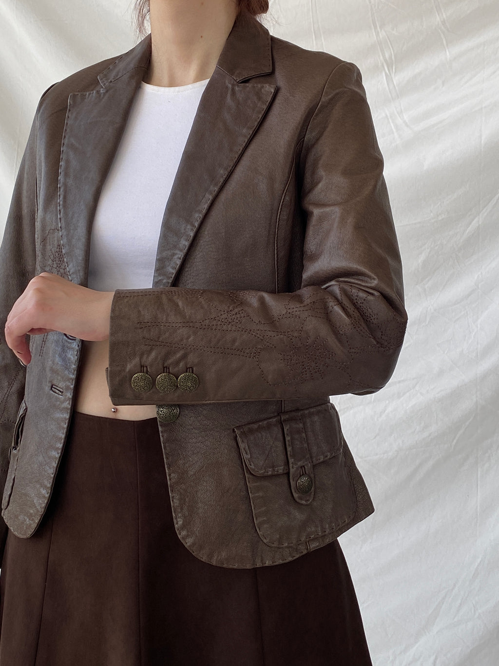 Vintage FRANSA Brown Genuine Leather Floral Embroidered Women’s Blazer Jacket - M