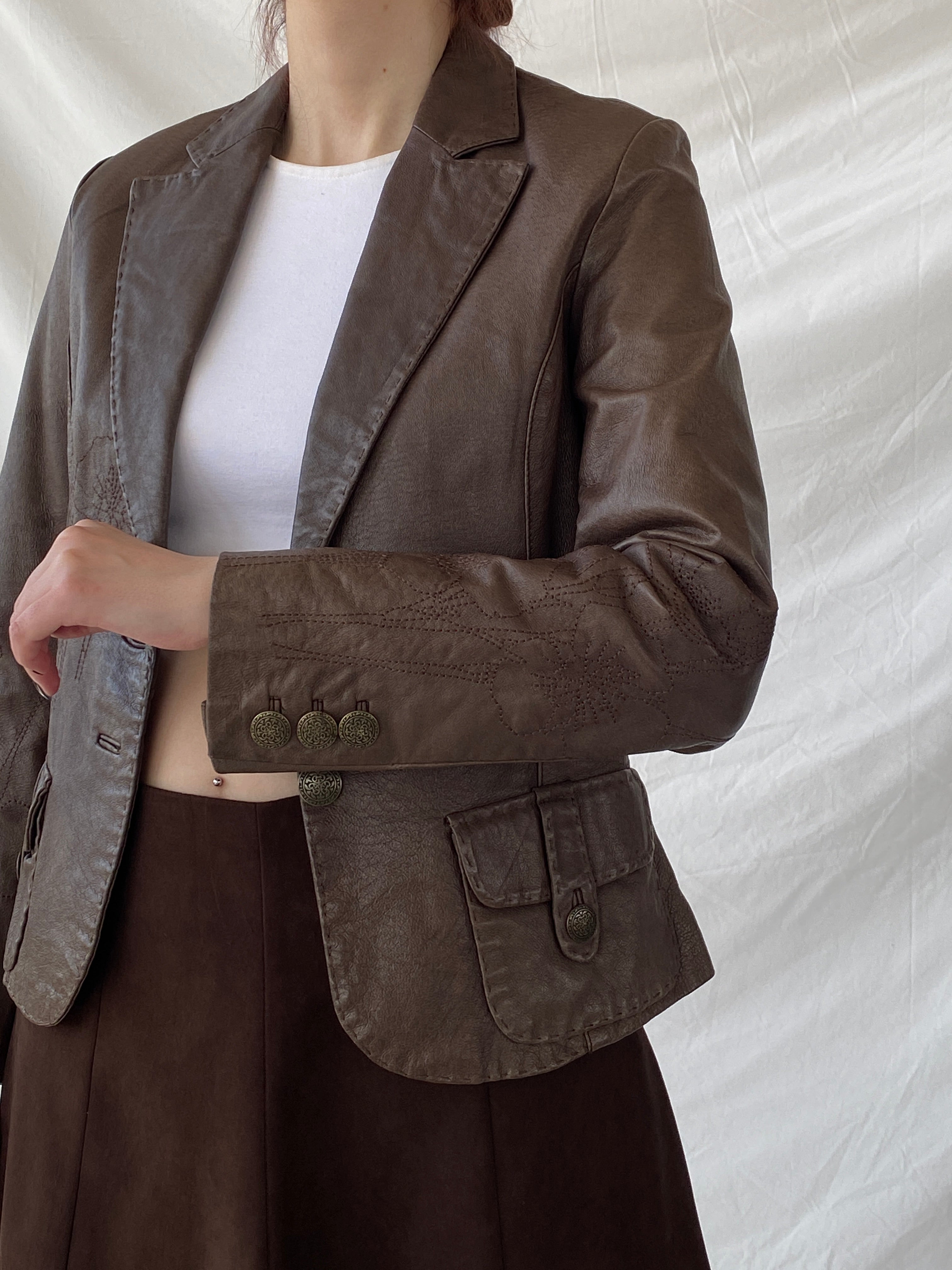 Vintage FRANSA Brown Genuine Leather Floral Embroidered Women’s Blazer Jacket - M