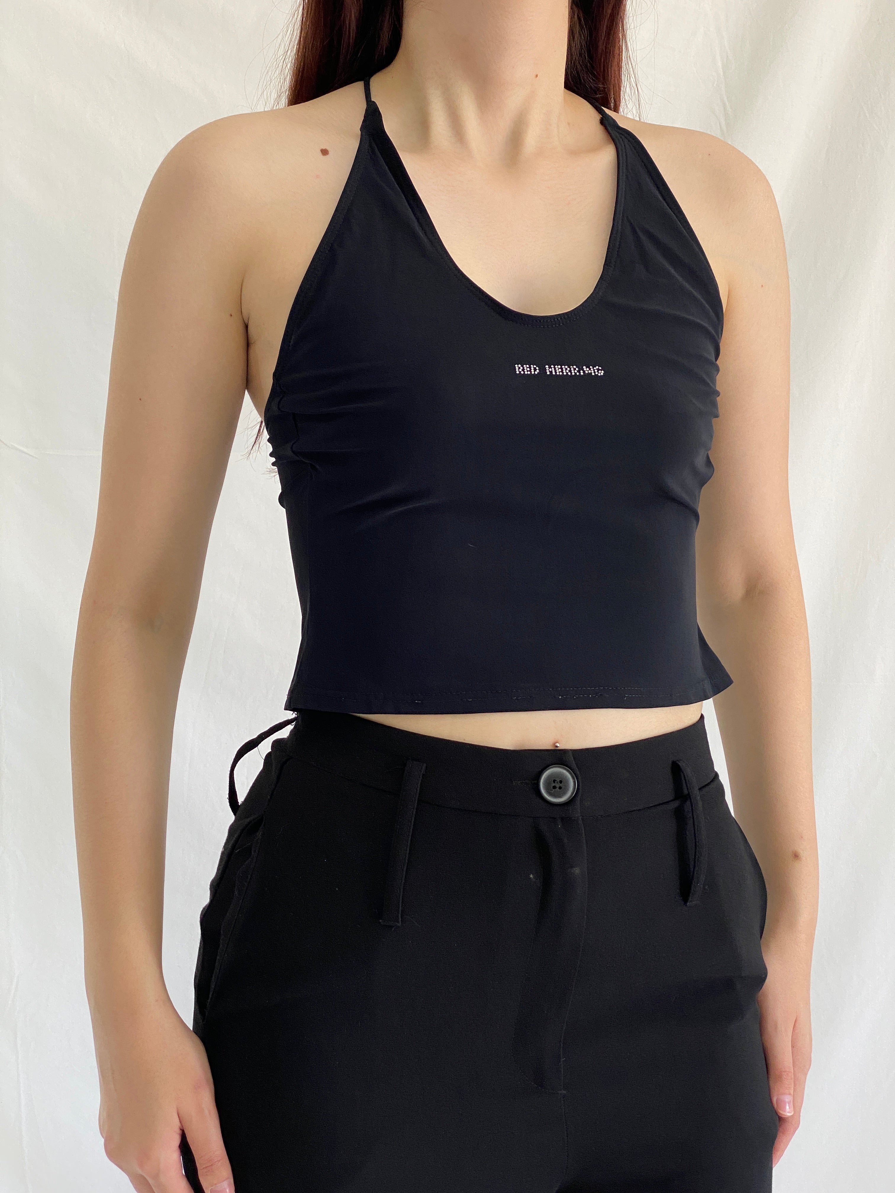 Y2K Red Herring Black Halter Top Strappy Backless Cropped Tank - S