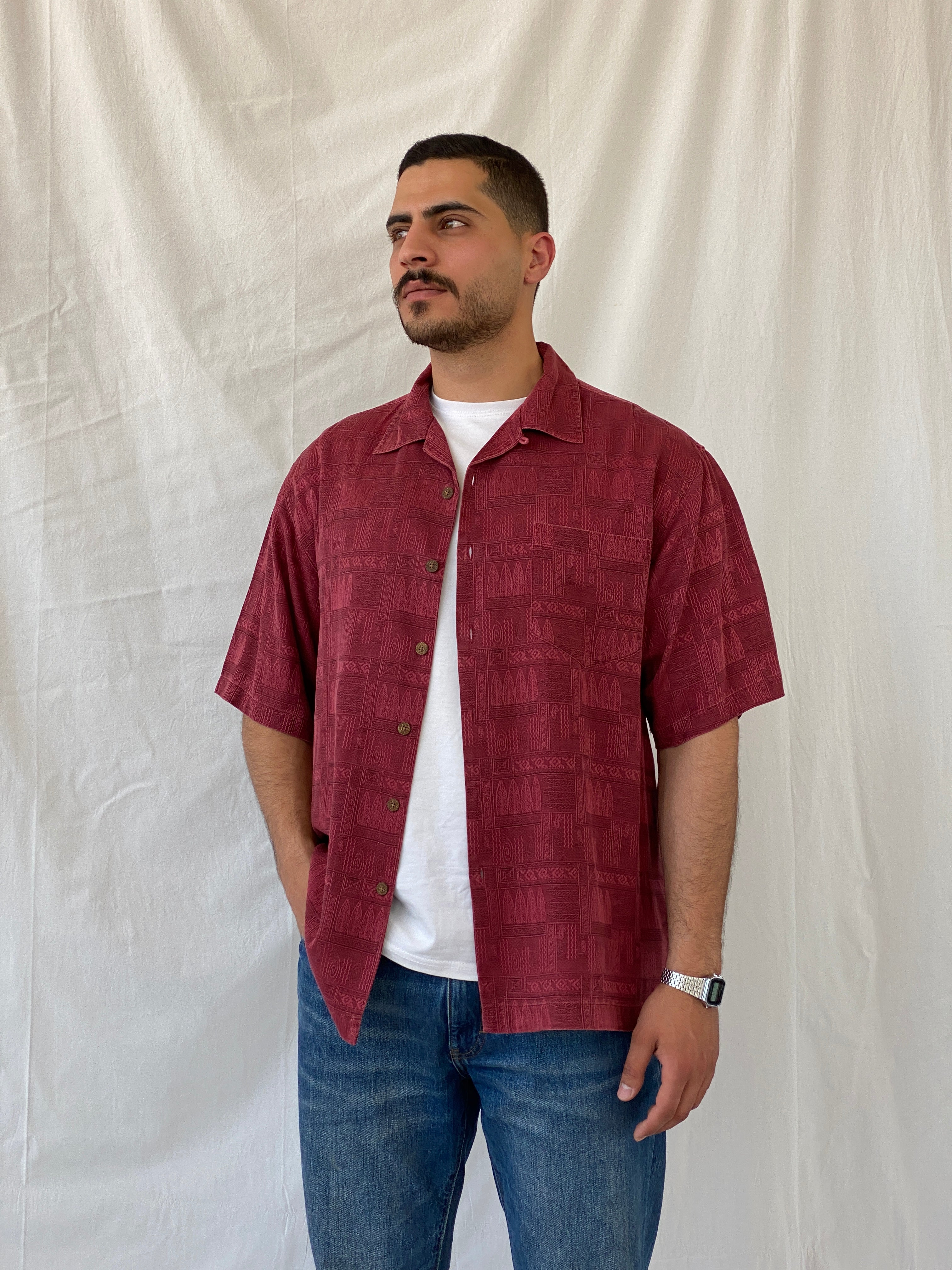Vintage St. John’s Bay Men’s Short Sleeve Burgundy Hawaiian Silk Shirt - L