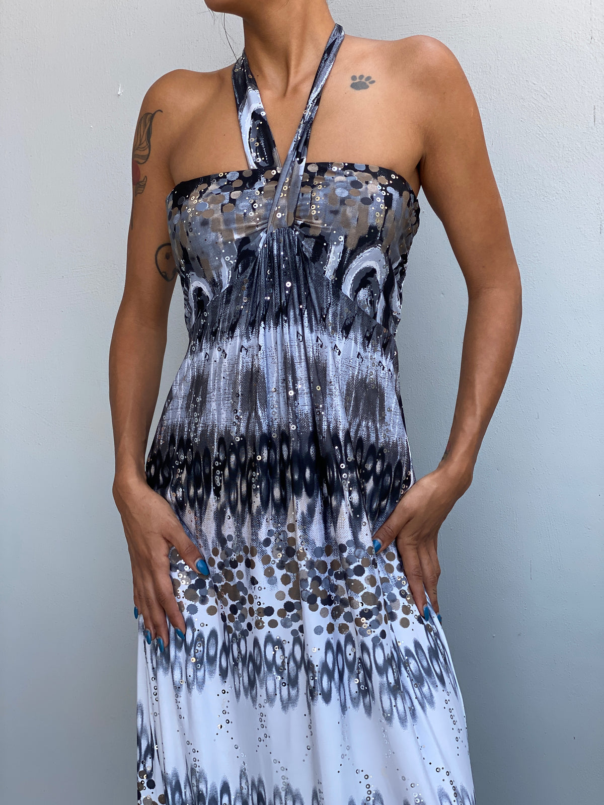 Vintage Y2K Evita Grey Black Sequin Halter Neck Maxi Dress - S Vintage Y2K Evita Grey Black Sequin Halter Neck Maxi Dress - S