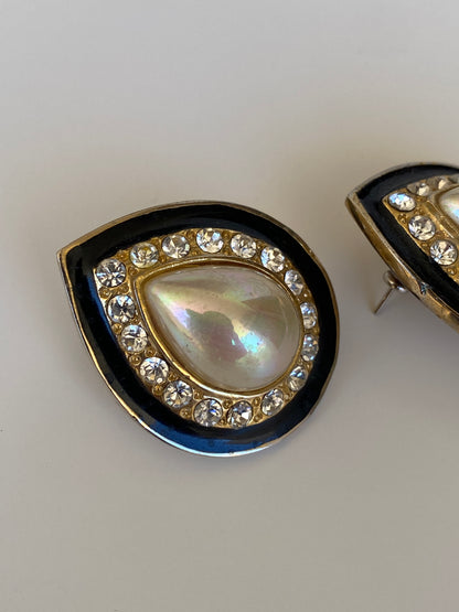 Vintage Faux Pearl Rhinestone Teardrop Statement Earrings Black & Gold Tone