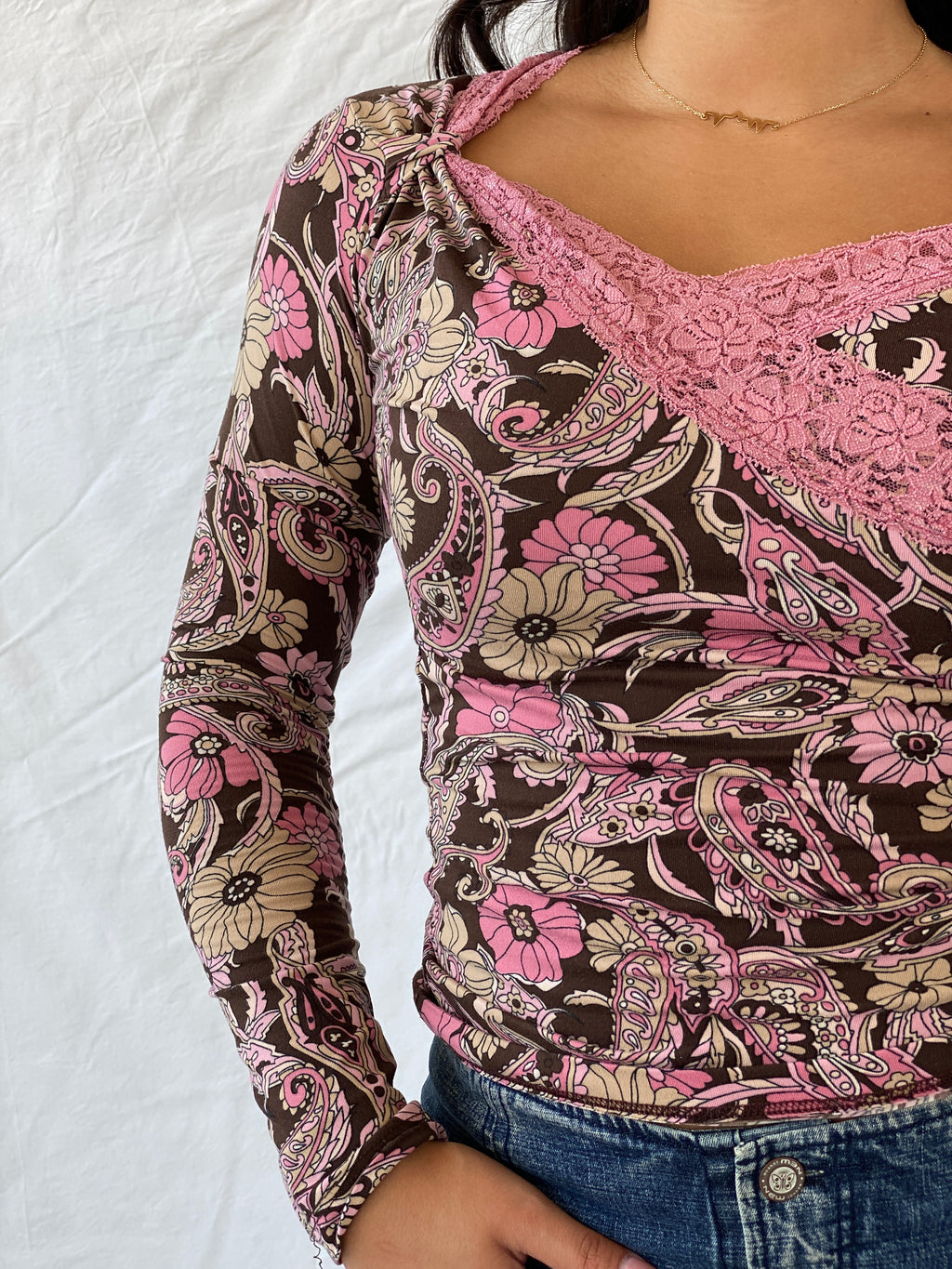Vintage KIKI RIKI Brown and Pink Long Sleeve Floral Top - M