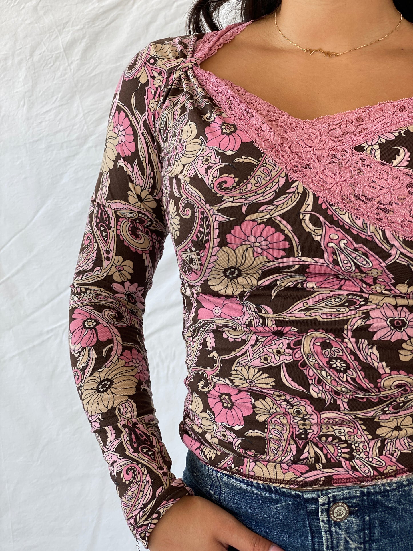 Vintage KIKI RIKI Brown and Pink Long Sleeve Floral Top - M