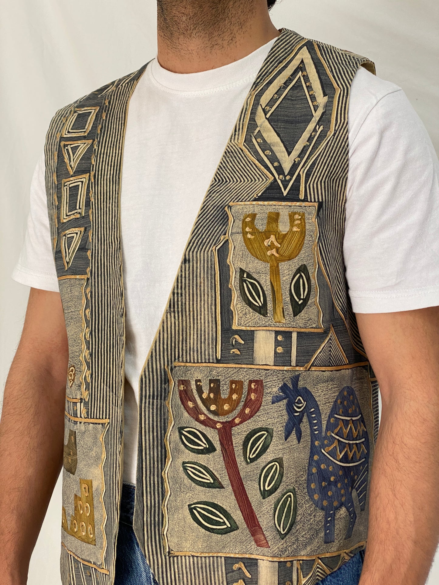 Vintage Africa Cloth Tribal Print Cotton Vest Beige Grey African Art Tapestry Vest - XL