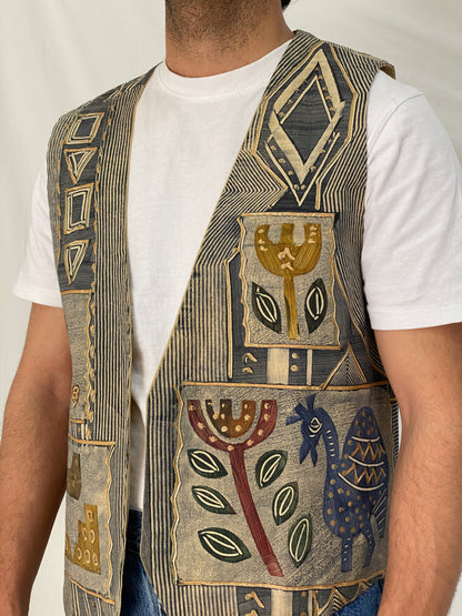 Vintage Africa Cloth Tribal Print Cotton Vest Beige Grey African Art Tapestry Vest - XL