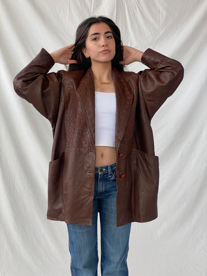 Coolest 80s Vintage Women’s Brown Floral Embroidered Genuine Leather Coat - L