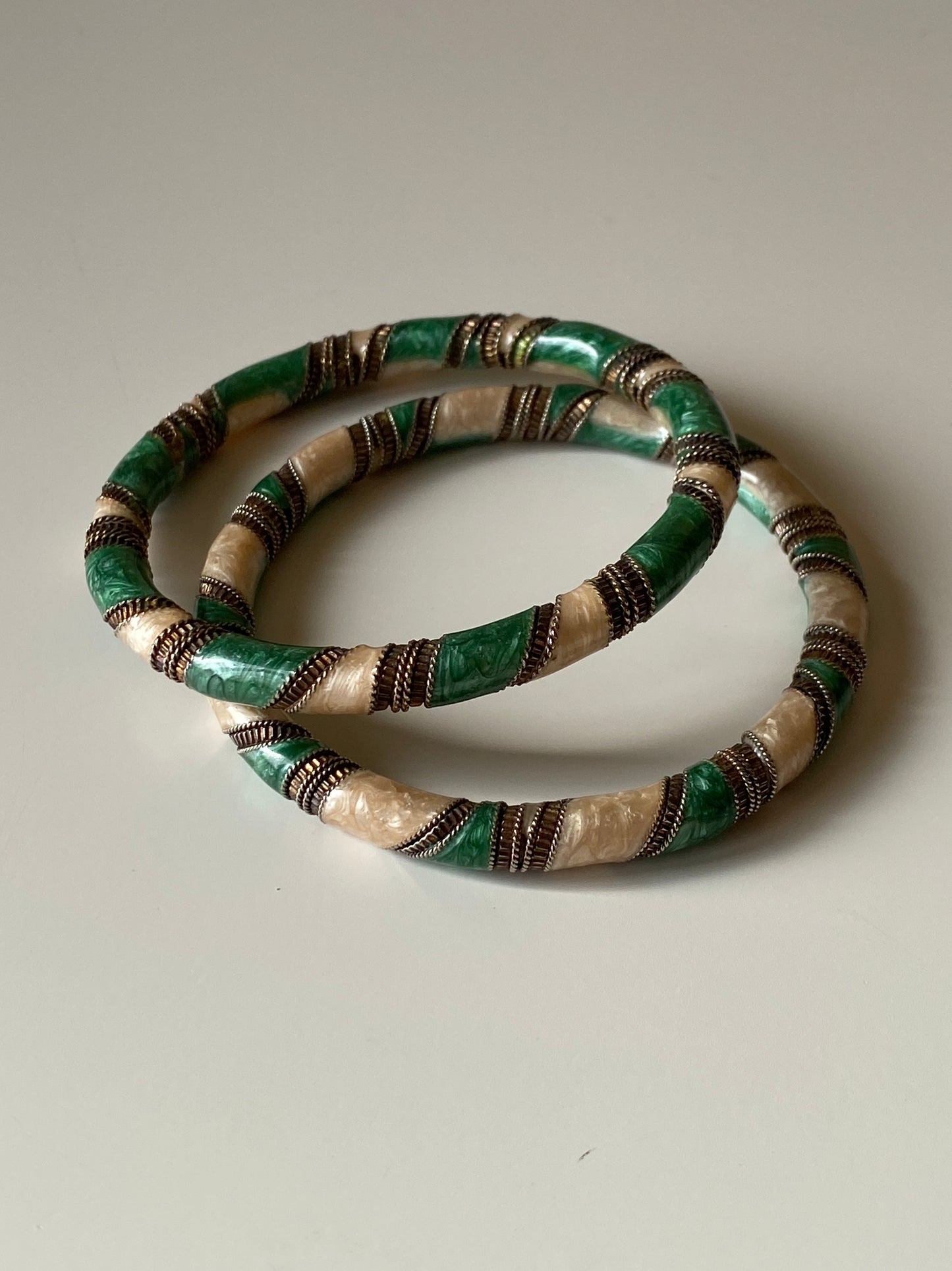 Vintage Green & Ivory Faux Malachite Rigid Bangles with Brass-Tone Detailing