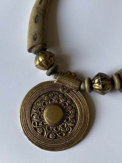 Vintage Boho Ethnic Wood Brass Statement Necklace