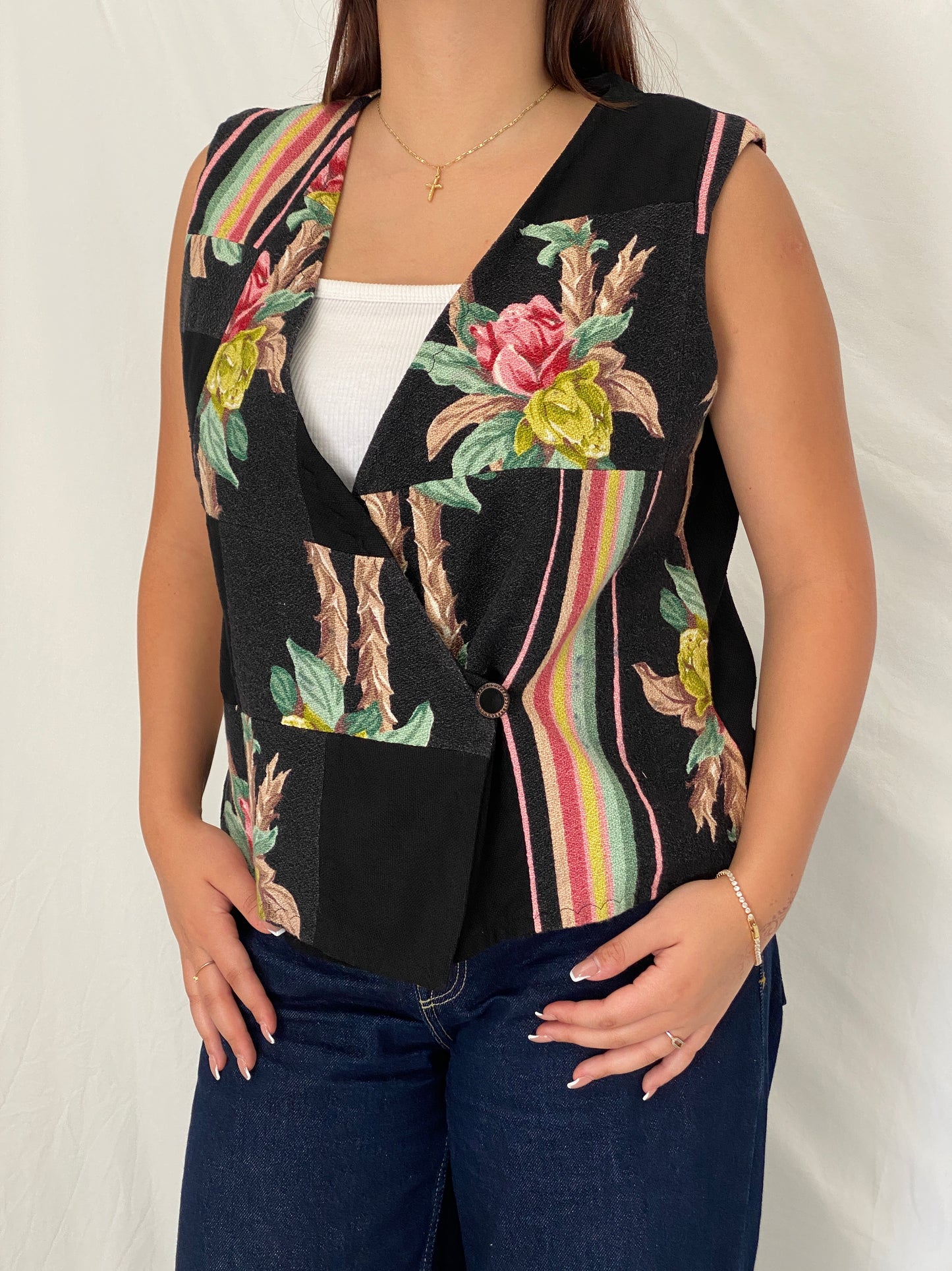 Vintage Black Patchwork Floral Vest Asymmetric Button Boho Waistcoat – L