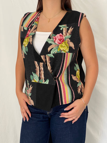 Vintage Black Patchwork Floral Vest Asymmetric Button Boho Waistcoat – L