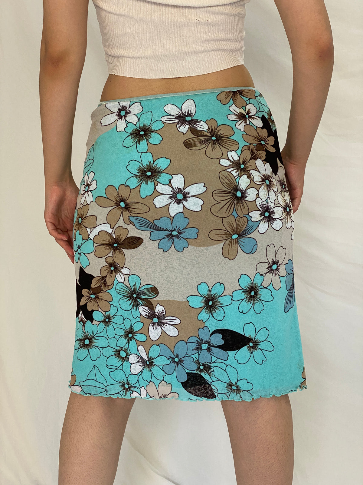 Vintage Y2K Aqua Blue & Beige Floral Print Stretch Midi Skirt - M Vintage Y2K Aqua Blue & Beige Floral Print Stretch Midi Skirt - M