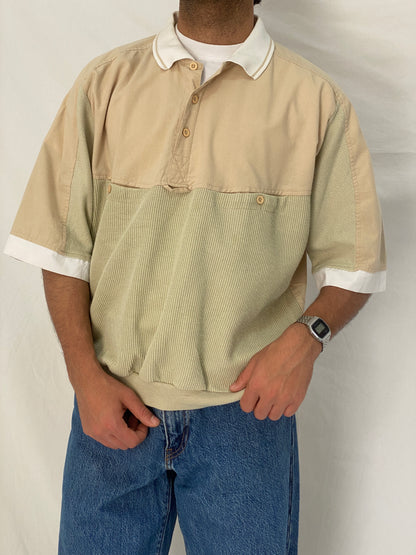 90s Beige Ribbed Elastic Waist Polo Top Minimalist Color Block Shirt – L