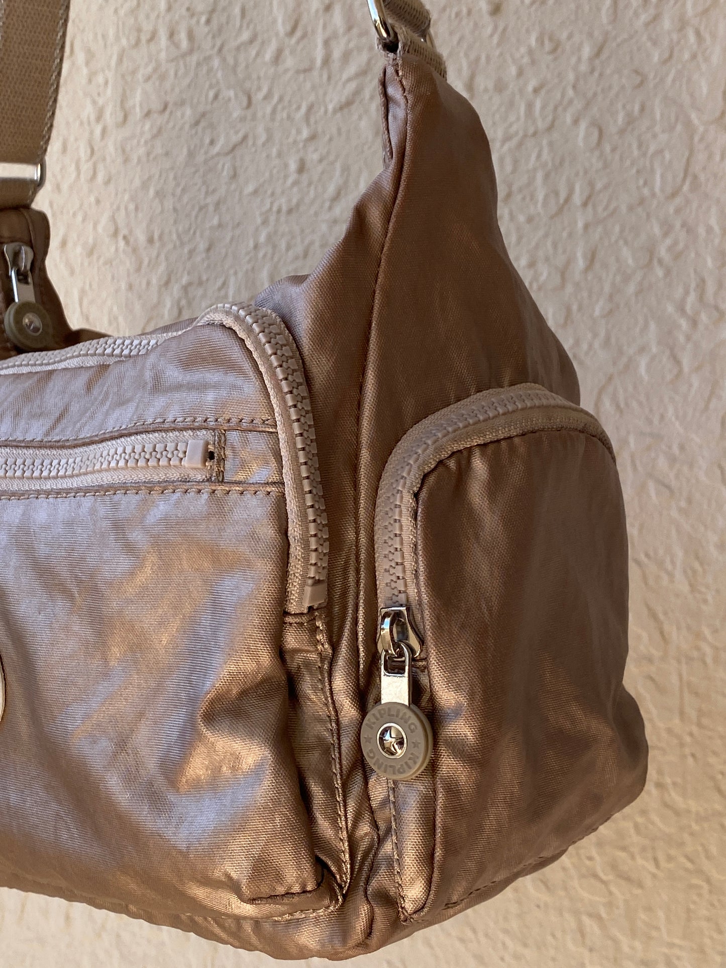 Y2K Kipling Metallic Taupe Nylon Multi-Pocket Crossbody Bag with Monkey Charm