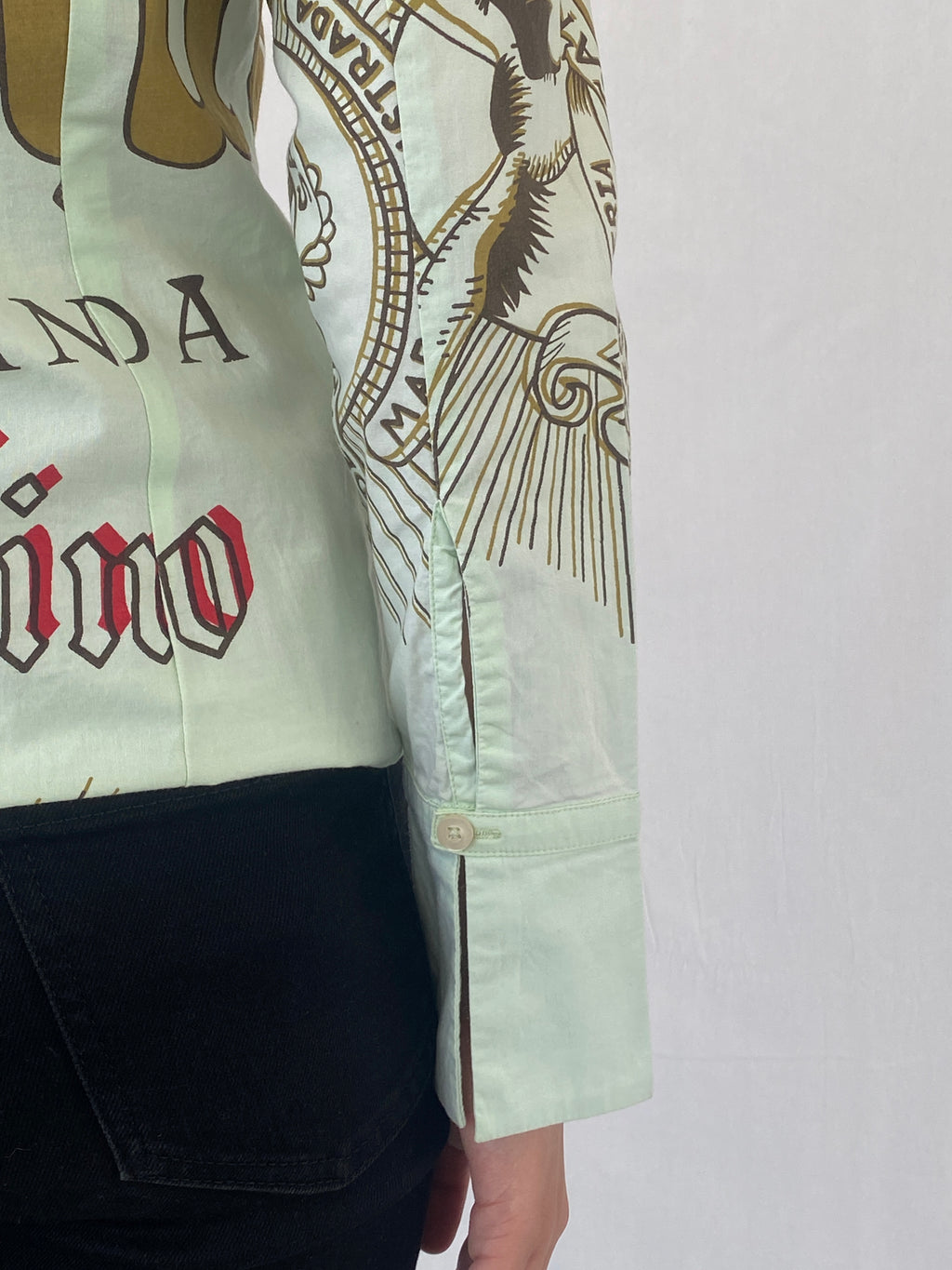 Y2K LAGA Mint Green Women’s Long Sleeve Button Up Graphic Cotton Shirt - M