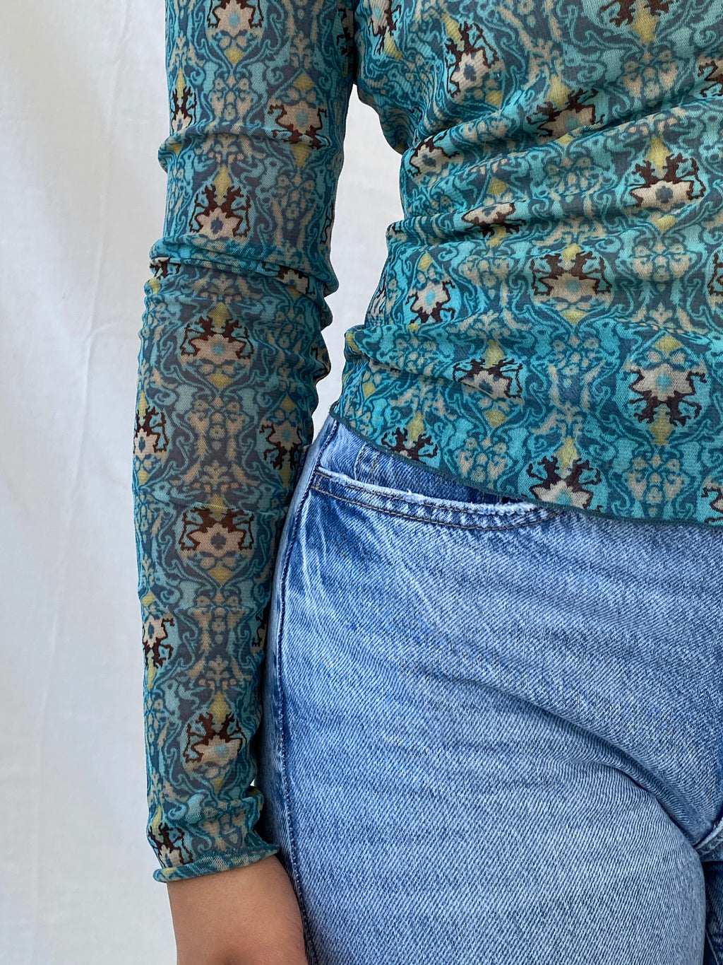 Y2K Mexx Blue Full-Sleeve Printed Mesh Top - S