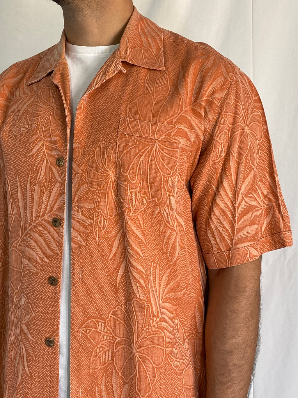 Jamaica Jaxx Silk Orange Hawaiian Camp Tropical Floral Print Men’s Short Sleeve Shirt - M