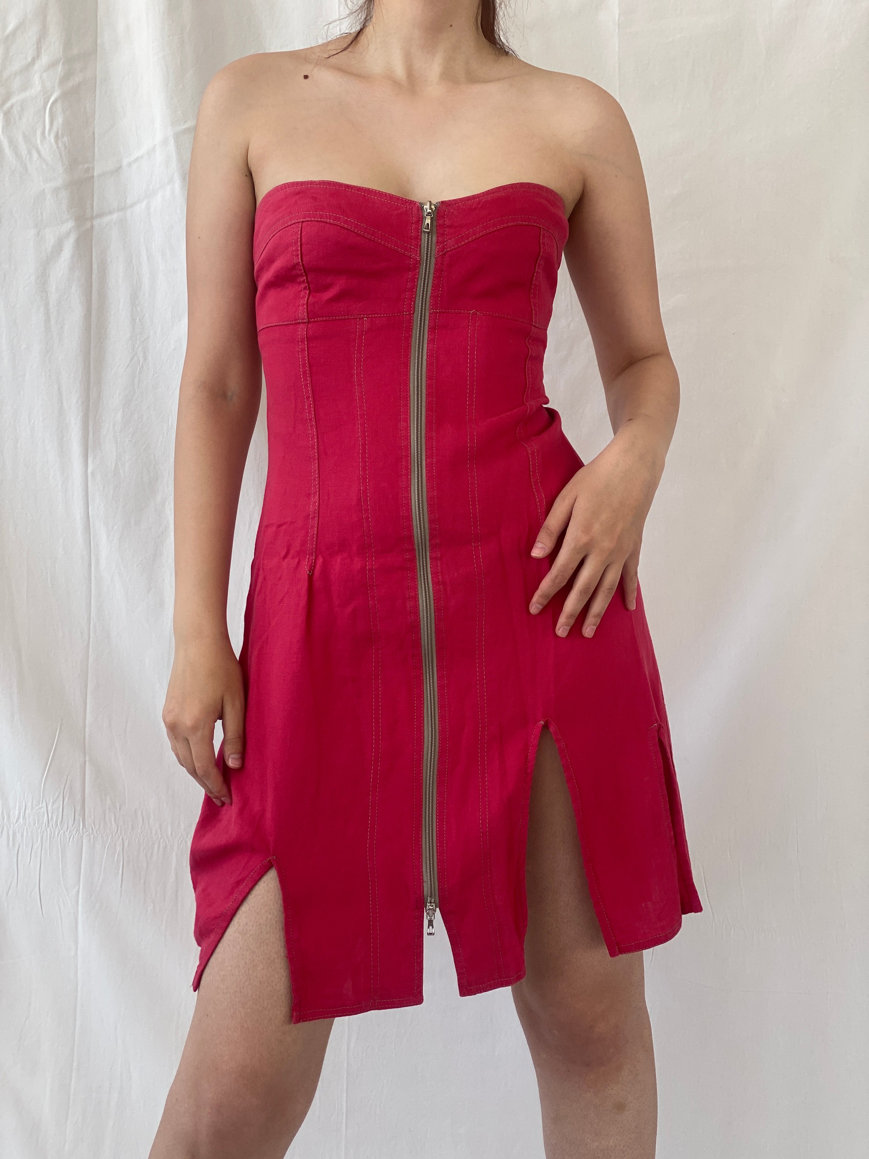 Vintage French Archival Femmes Je Vous Red Zip Up Bodycon Mini Linen Dress - S