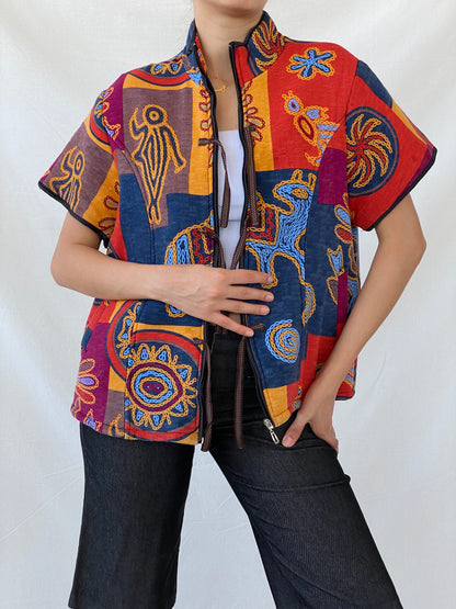 Quilted Japanese Bolero Kimono Ethnic Tribal Multicolor Jacket - L