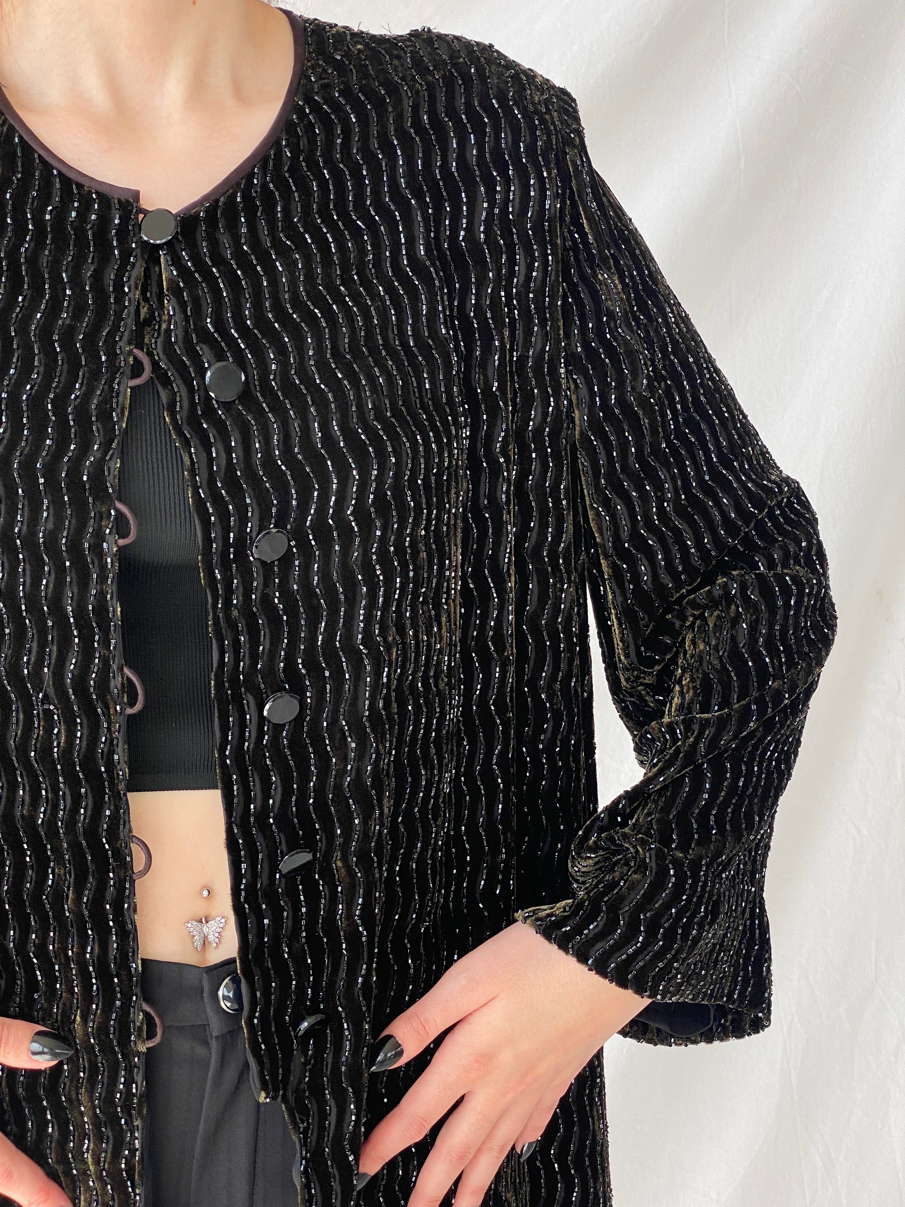 Vintage 80s Rickie Freeman for Teri Jon Nite Dark Green Black Beaded Blazer Silk Blend Party Jacket - L