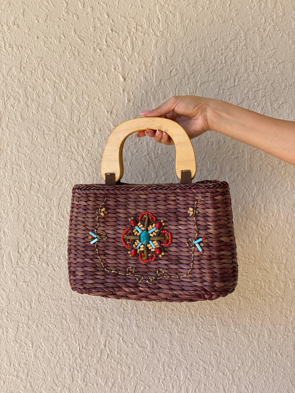 Vintage White Stag Beaded Boho Straw Purse Brown Wood Handle Y2K Brown turquoise Handbag
