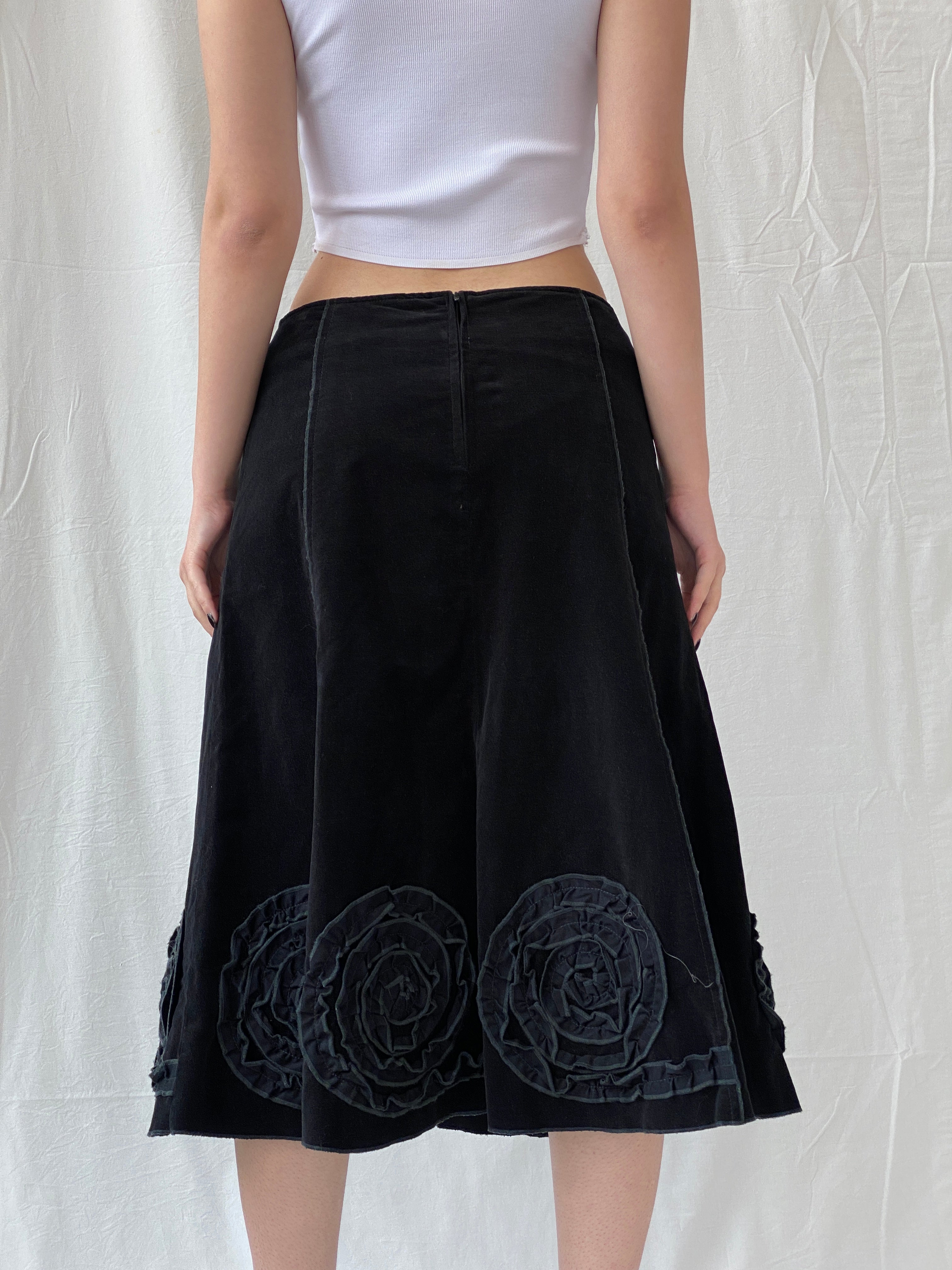 Vintage 90s Tence Black Grunge Spiral Details Midi Velvet A-Line Skirt - M