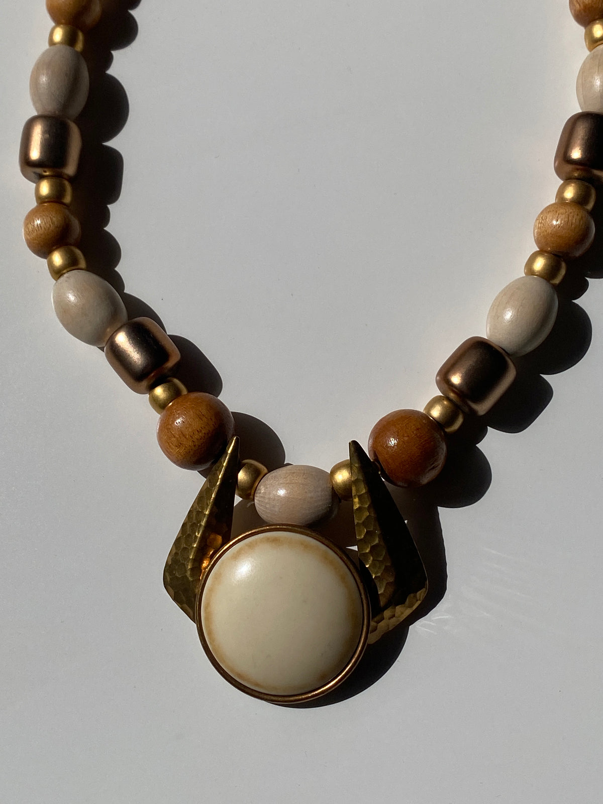 Vintage 90s Wood Bead Statement Necklace – Neutral Tones Gold Accents Pendant Necklace Vintage 90s Wood Bead Statement Necklace – Neutral Tones Gold Accents Pendant Necklace