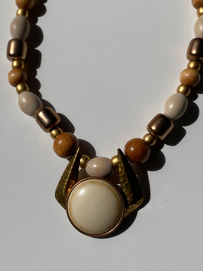 Vintage 90s Wood Bead Statement Necklace – Neutral Tones Gold Accents Pendant Necklace