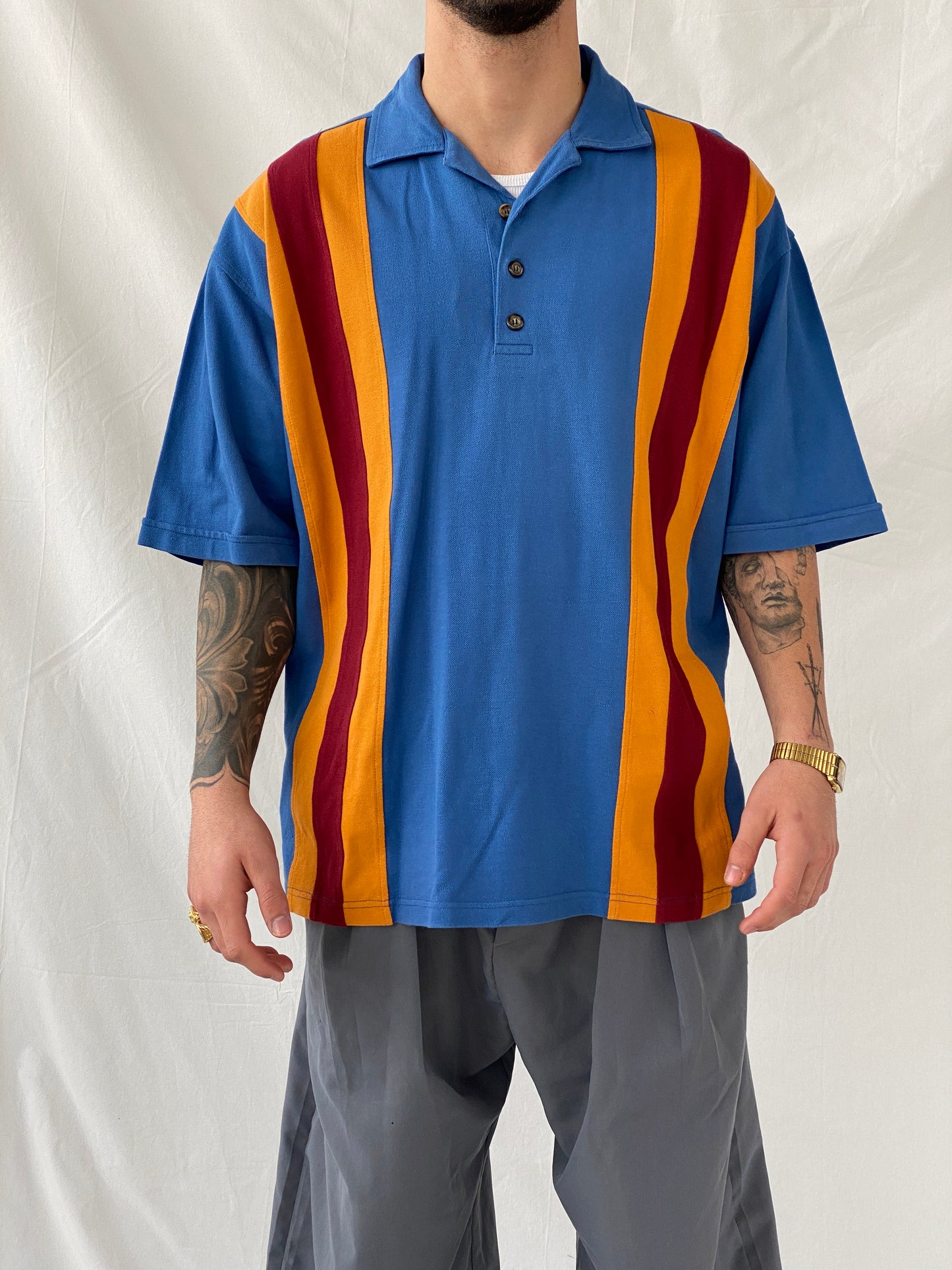 Vintage Men’s Blue Striped Polo Neck Golf Shirt - XL