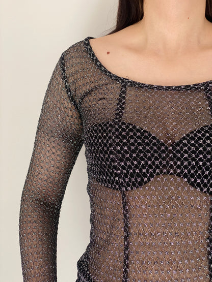Vintage Y2K Black & Silver Metallic Crochet Mesh Sheer Grunge Top – S