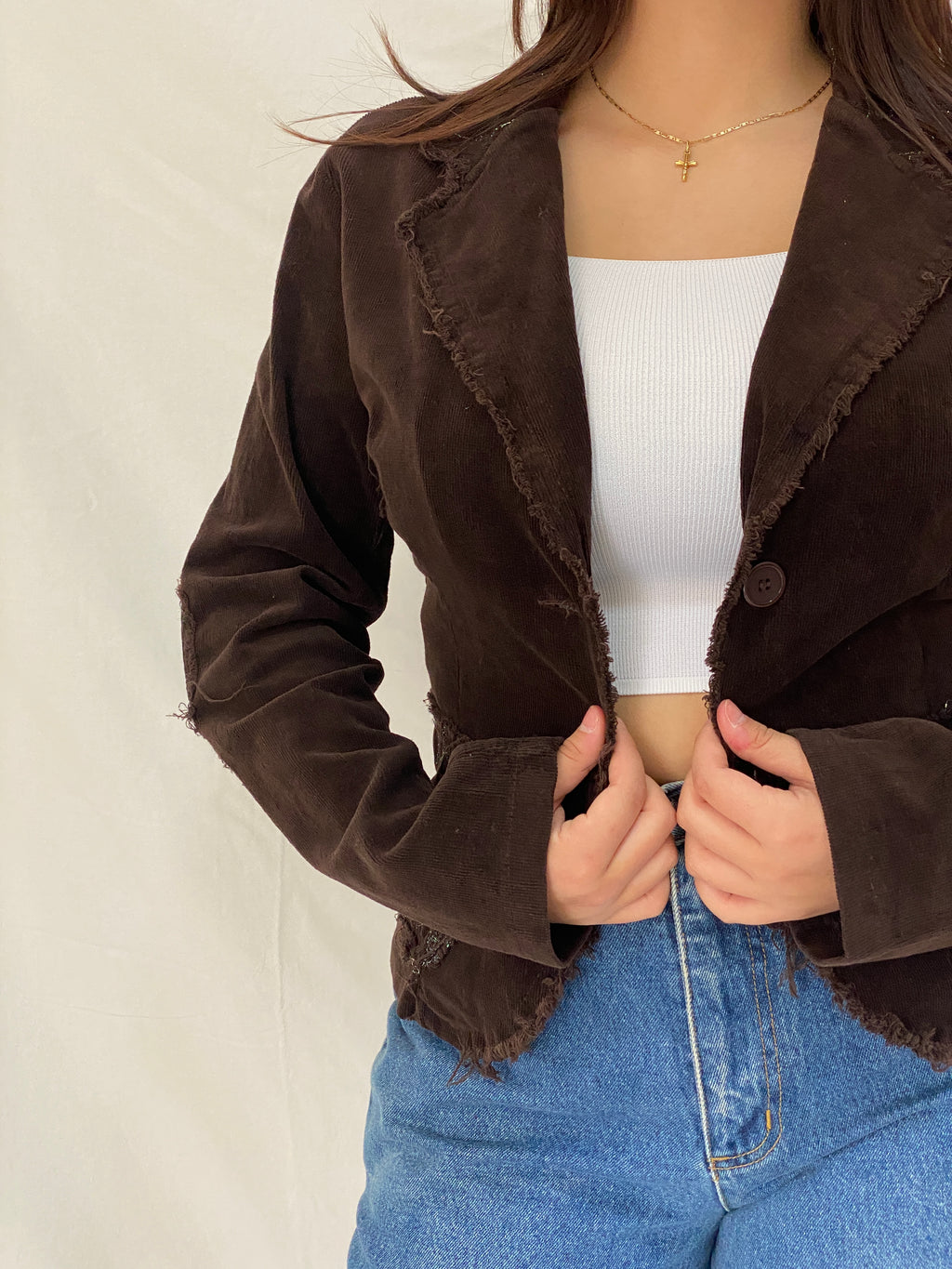 Vintage Y2K Italian Corduroy Blazer  Chocolate Distressed Raw Edge Embroidered Jacket - S