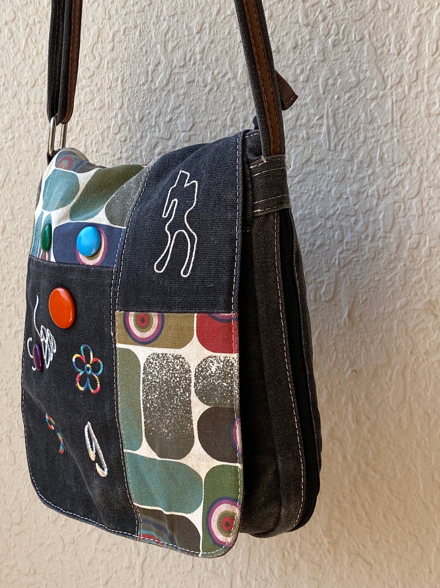 Y2K Cessaci Patchwork Denim Crossbody Bag with Embroidered Details