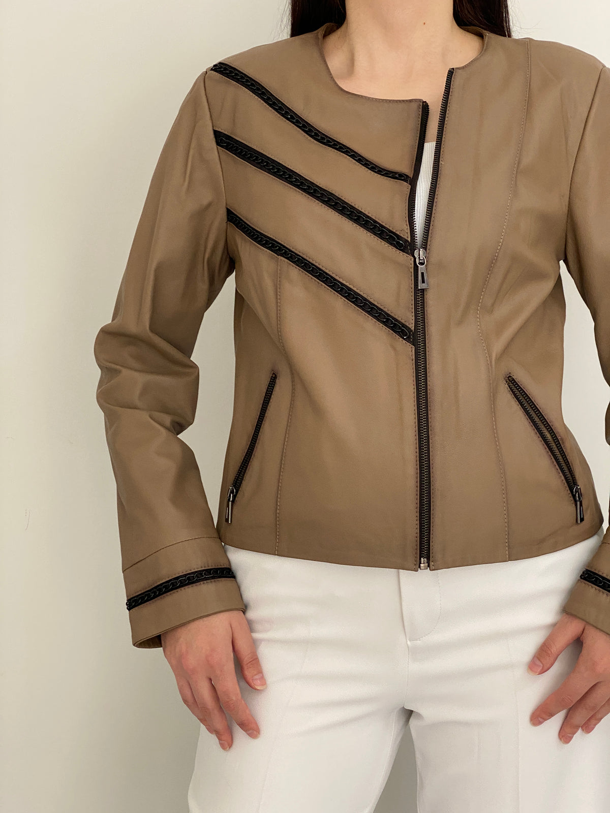 Vintage Y2K Gian Mori Classic Taupe Genuine Leather Zip-Up Jacket - L
