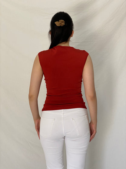 Vintage Y2K Cache Rust Red Rayon Blend Keyhole Knit Top – S