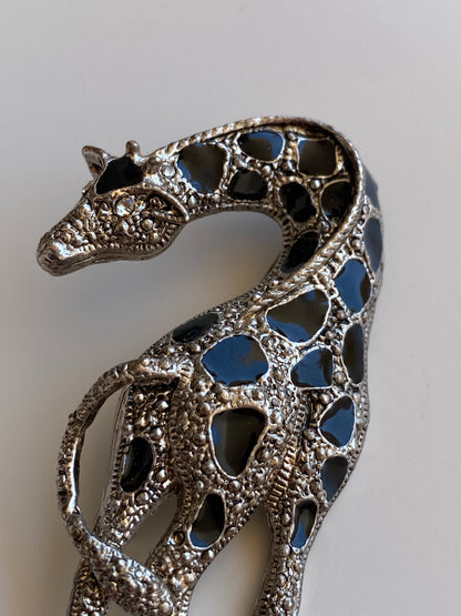 Vintage Silver-Tone Black Enamel & Rhinestone Giraffe Brooch
